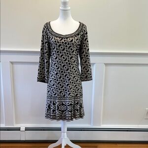 White House Black Market Elegant Black and Cream Patterned Dress